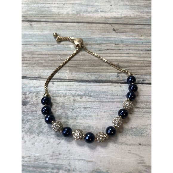 Charter Club Pave & Navy‎ Blue Imitation Pearl Slider Bracelet Gold Tone Chain - Picture 1 of 9